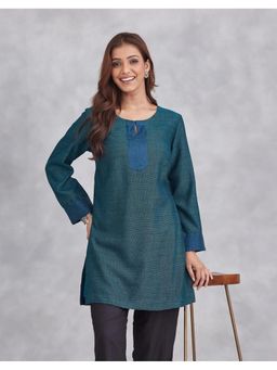 Fabindia - Teal Wool Slim Fit Short Kurta