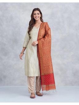 Fabindia - Rust Cotton Silk Blend Hand Block Printed Dupatta