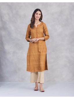 Fabindia - Mustard Silk Ghicha Embroidered Long Kurta