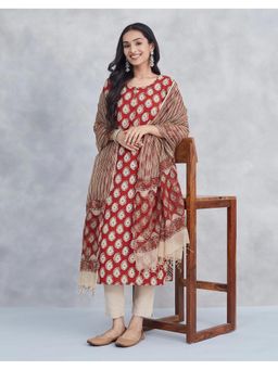 Fabindia - Red Cotton Bagru Printed Slim Fit Kurta with Dupatta