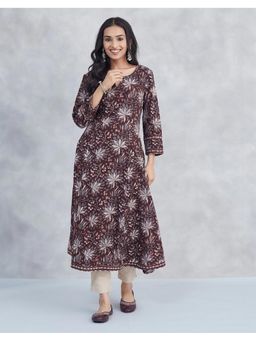 Fabindia - Brown Cotton Hand Block Printed Slim Fit Long Kurta