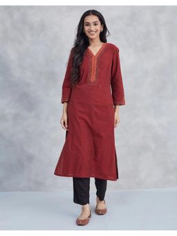 Fabindia - Maroon Cotton Embroidered Slim Fit Long Kurta