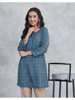 Fabindia - Teal Rayon Blend Printed Geometric Slim Fit Short Kurta