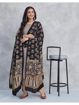 Fabindia - Black Viscose Floral Bagru Printed Dupatta