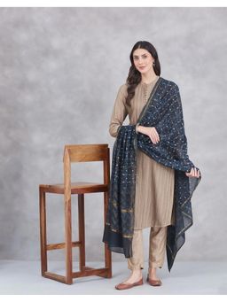 Fabindia - Navy Blue Cotton Silk Blend Dabu Printed Dupatta