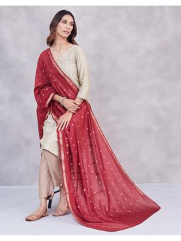 Fabindia - Maroon Viscose Silk Blend Woven Zari Dupatta
