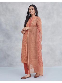 Fabindia - Rust Cotton Printed Kurta with Pant and Dupatta