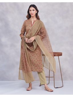 Fabindia - Olive Cotton Printed Kurta with Pant and Dupatta