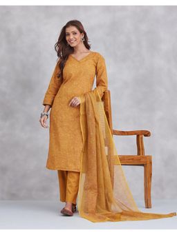 Fabindia - Mustard Cotton Printed Kurta with Pant and Dupatta