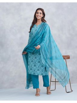 Fabindia - Turquoise Cotton Printed Kurta with Pant and Dupatta