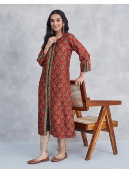 Fabindia - Maroon Cotton Silk Bagru Printed Long Kurta with Slip