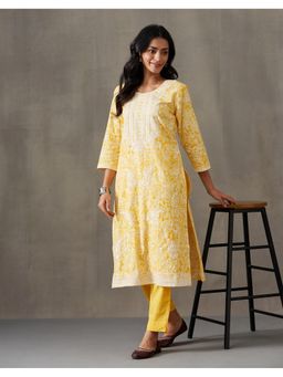 Fabindia - Yellow Cotton Chikankari Kurta with Pant