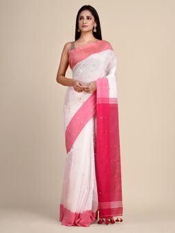 CHARUKRITI - Blended Cotton Hand Woven White Saree with Unstitched Blouse