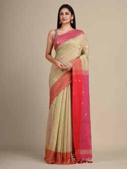 CHARUKRITI - Blended Cotton Hand Woven Beige Saree with Unstitched Blouse