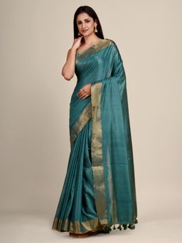 CHARUKRITI - Silk Blend Soft Teal Saree with Unstitched Blouse