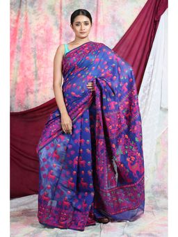 CHARUKRITI - Allover Weaving Jamdani Blue Saree Without Blouse