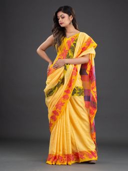 CHARUKRITI - Pure Cotton Hand Woven Yellow Saree with Unstitched Blouse