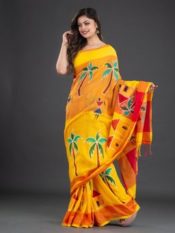 CHARUKRITI - Pure Cotton Handpaint Woven Design Yellow Saree with Unstitched Blouse