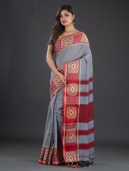 CHARUKRITI - Pure Cotton Hand Woven Soft Grey Saree with Unstitched Blouse