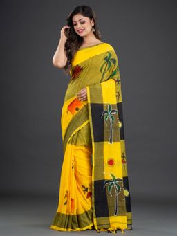 CHARUKRITI - Pure Cotton Handpaint Woven Design Yellow Saree with Unstitched Blouse