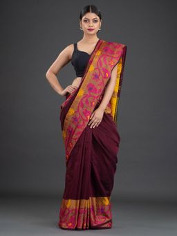CHARUKRITI - Pure Cotton Hand Woven Burgundy Saree with Unstitched Blouse