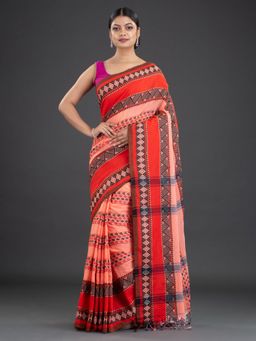CHARUKRITI - Pure Cotton Hand Woven Peach Saree with Unstitched Blouse