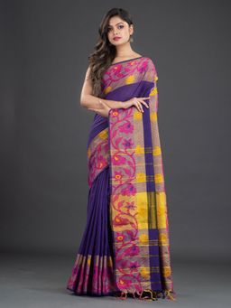 CHARUKRITI - Pure Cotton Hand Woven Purple Saree with Unstitched Blouse