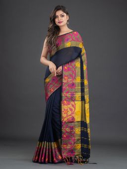 CHARUKRITI - Pure Cotton Hand Woven Navy Blue Saree with Unstitched Blouse