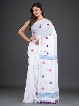 CHARUKRITI - Pure Cotton Hand Woven Soft White Saree with Unstitched Blouse
