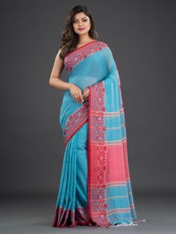 CHARUKRITI - Pure Cotton Hand Woven Blue Saree with Unstitched Blouse