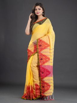CHARUKRITI - Pure Cotton Hand Woven Soft Yellow Saree with Unstitched Blouse