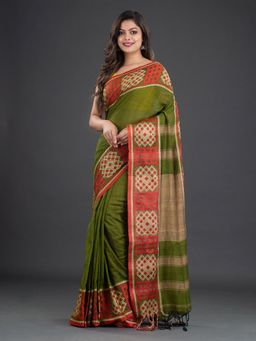 CHARUKRITI - Pure Cotton Hand Woven Green Soft Saree with Unstitched Blouse