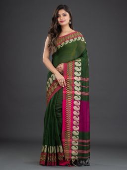 CHARUKRITI - Pure Cotton Hand Woven Green Saree with Unstitched Blouse