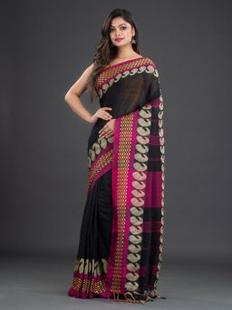 CHARUKRITI - Pure Cotton Hand Woven Black Saree with Unstitched Blouse