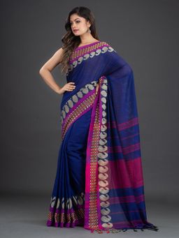 CHARUKRITI - Pure Cotton Hand Woven Blue Saree with Unstitched Blouse