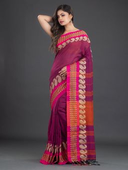 CHARUKRITI - Pure Cotton Hand Woven Magenta Saree with Unstitched Blouse