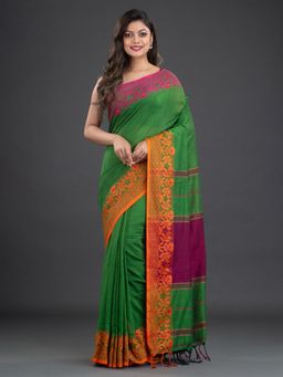 CHARUKRITI - Pure Cotton Hand Woven Green Saree with Unstitched Blouse