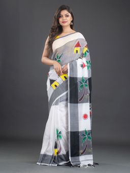 CHARUKRITI - Pure Cotton Handpaint Woven Design White Saree with Unstitched Blouse