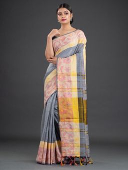 CHARUKRITI - Pure Cotton Hand Woven Grey Saree with Unstitched Blouse