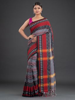CHARUKRITI - Pure Cotton Hand Woven Grey Saree with Unstitched Blouse