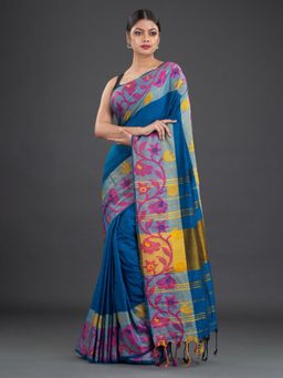 CHARUKRITI - Pure Cotton Hand Woven Blue Saree with Unstitched Blouse