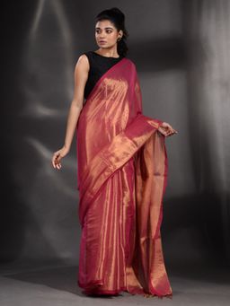 CHARUKRITI - Tissue Hand Woven Soft Red Saree with Unstitched Blouse
