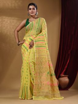 CHARUKRITI - Cotton Handwoven Jamdani Yellow Saree Without Blouse