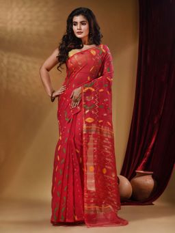 CHARUKRITI - Cotton Handwoven Jamdani Pink Saree Without Blouse