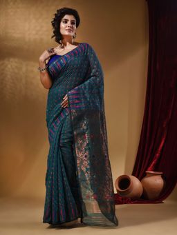 CHARUKRITI - Cotton Handwoven Jamdani Teal Saree Without Blouse