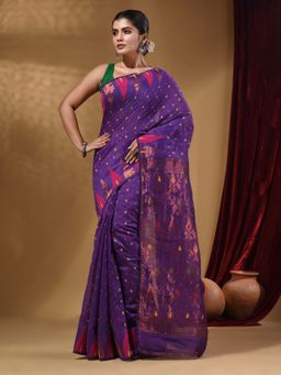 CHARUKRITI - Cotton Handwoven Jamdani Purple Saree Without Blouse