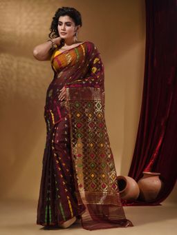 CHARUKRITI - Cotton Handwoven Jamdani Maroon Saree Without Blouse