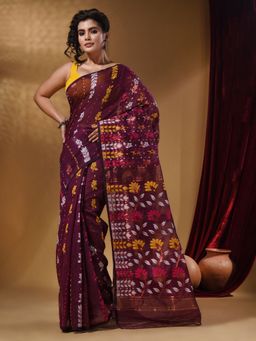 CHARUKRITI - Cotton Handwoven Jamdani Purple Saree Without Blouse