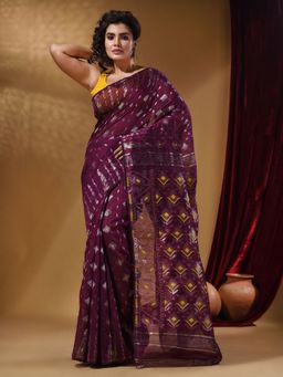 CHARUKRITI - Cotton Handwoven Jamdani Purple Saree Without Blouse
