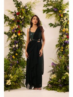 Alaya by Stage3 - Mastaani Embroidered Pre-Draped Green Pre-Draped Saree with Stitched Blouse